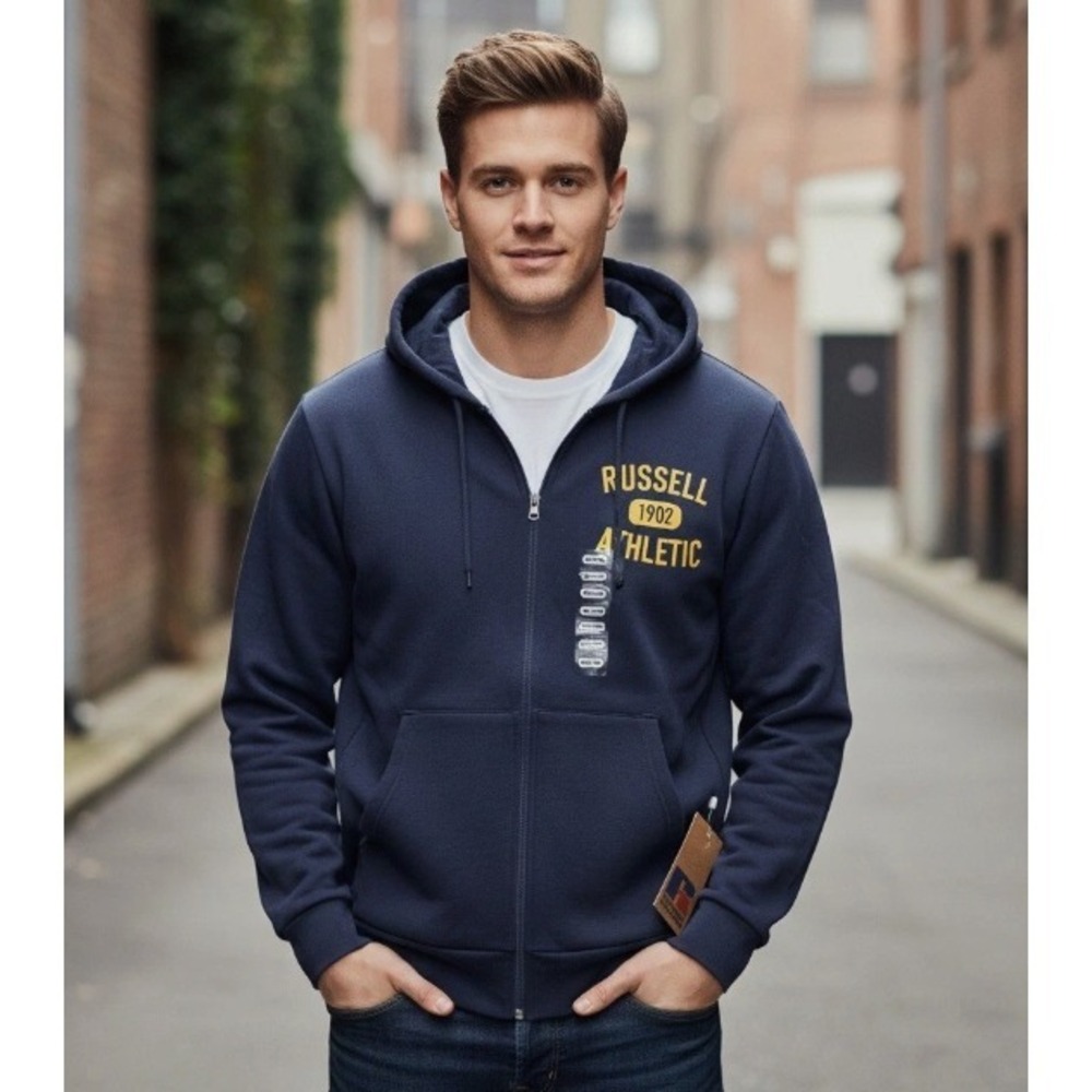 Russell Athletic 1902 Hoodie Full Zip Blue Men's Large Graphic Fleece